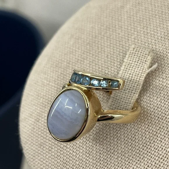 Vintage Estate Ring 925 Gold with Blue Chalcedony and Accent Stones - Picture 14 of 15